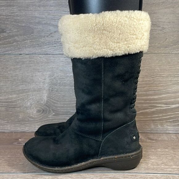 Ugg Karyn Black Suede Warm Shearling Cuff Women’s Sz 5 Zip Pull On Winter Boots - Picture 3 of 12
